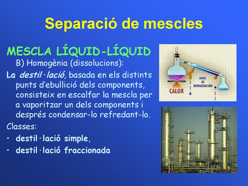 Separació de mescles MESCLA LÍQUID-LÍQUID B) Homogènia (dissolucions):