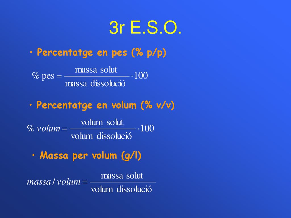 3r E.S.O. Percentatge en pes (% p/p) Percentatge en volum (% v/v)
