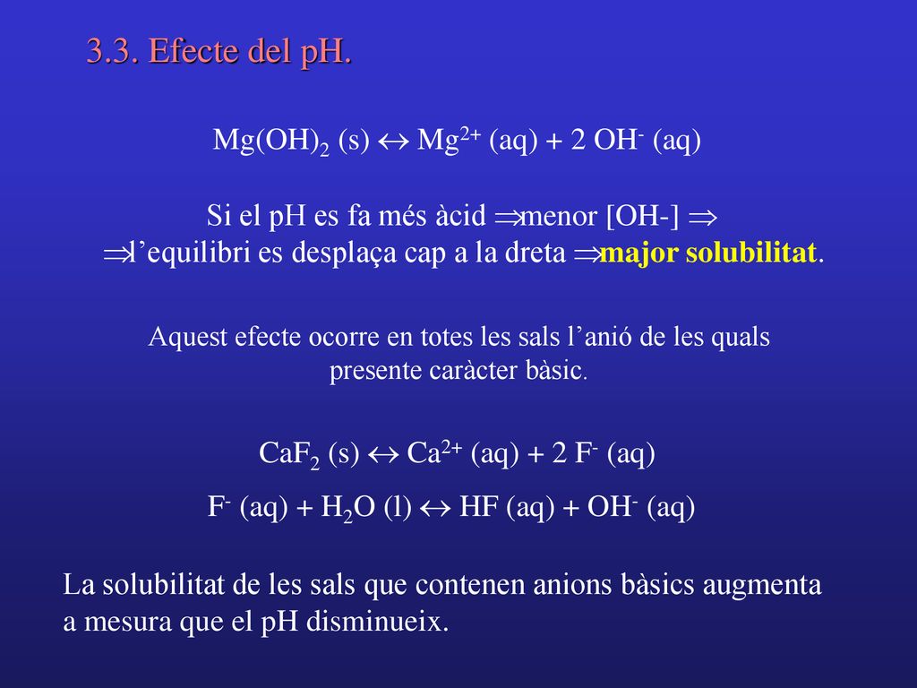 3.3. Efecte del pH. Mg(OH)2 (s) « Mg2+ (aq) + 2 OH- (aq)