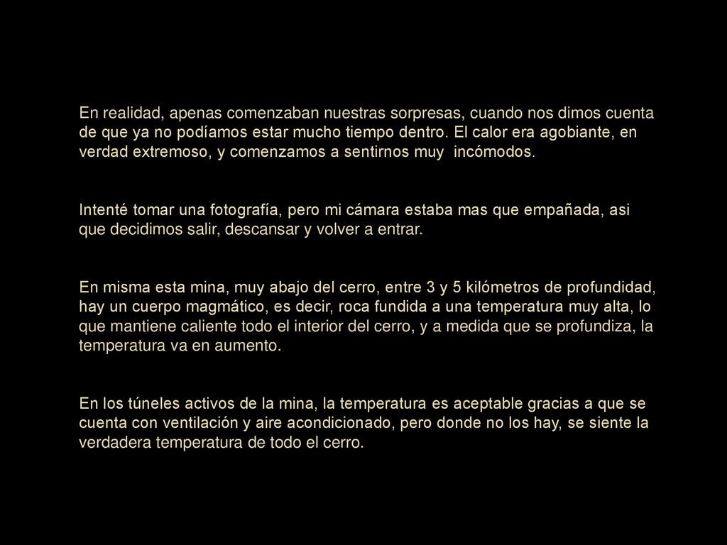 En realidad, apenas comenzaban nuestras sorpresas, cuando nos dimos cuenta de que ya no podíamos estar mucho tiempo dentro. El calor era agobiante, en verdad extremoso, y comenzamos a sentirnos muy incómodos.