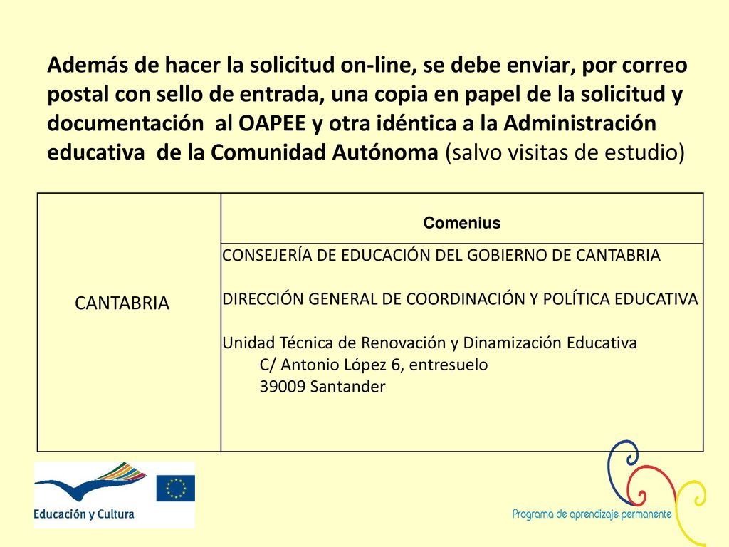 Además de hacer la solicitud on-line, se debe enviar, por correo postal con sello de entrada, una copia en papel de la solicitud y documentación al OAPEE y otra idéntica a la Administración educativa de la Comunidad Autónoma (salvo visitas de estudio)
