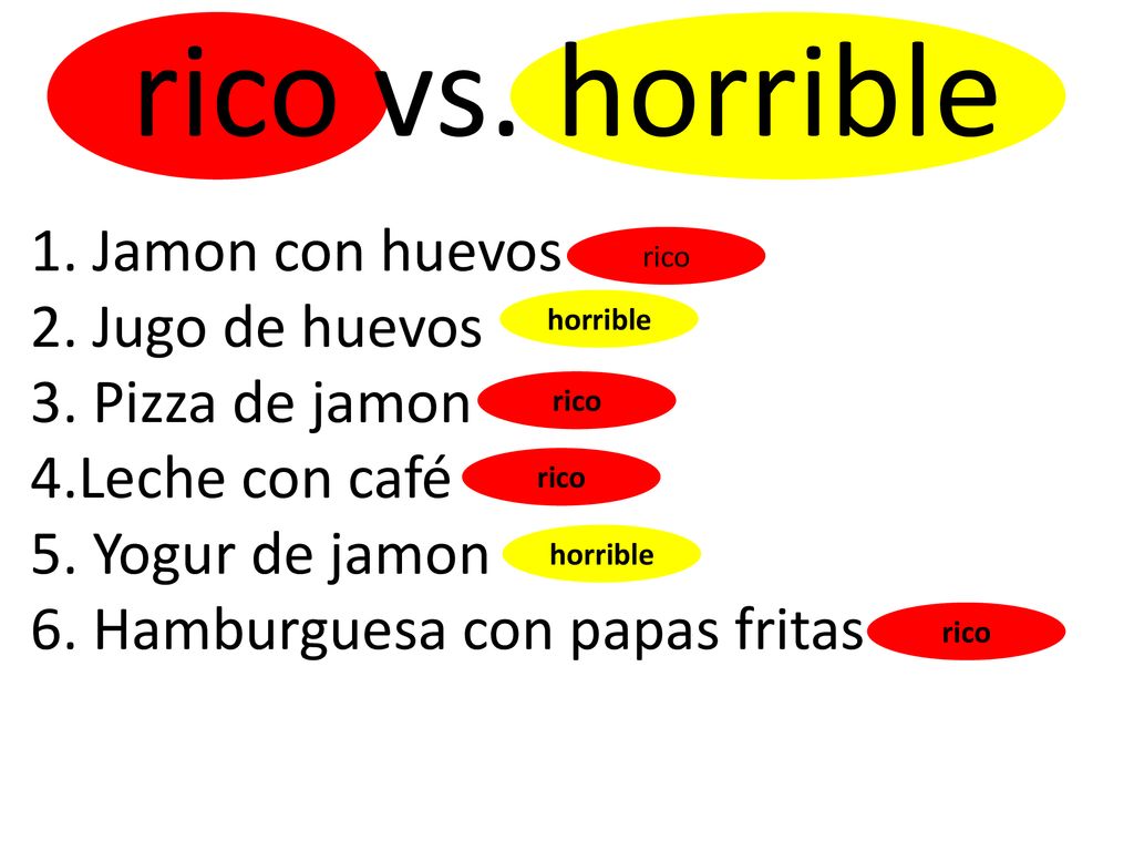 rico vs. horrible 1. Jamon con huevos 2. Jugo de huevos