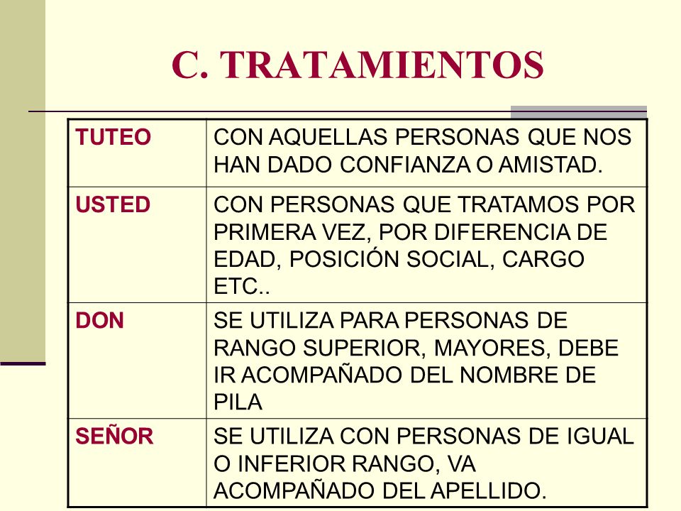 C. TRATAMIENTOS TUTEO. CON AQUELLAS PERSONAS QUE NOS HAN DADO CONFIANZA O AMISTAD. USTED.