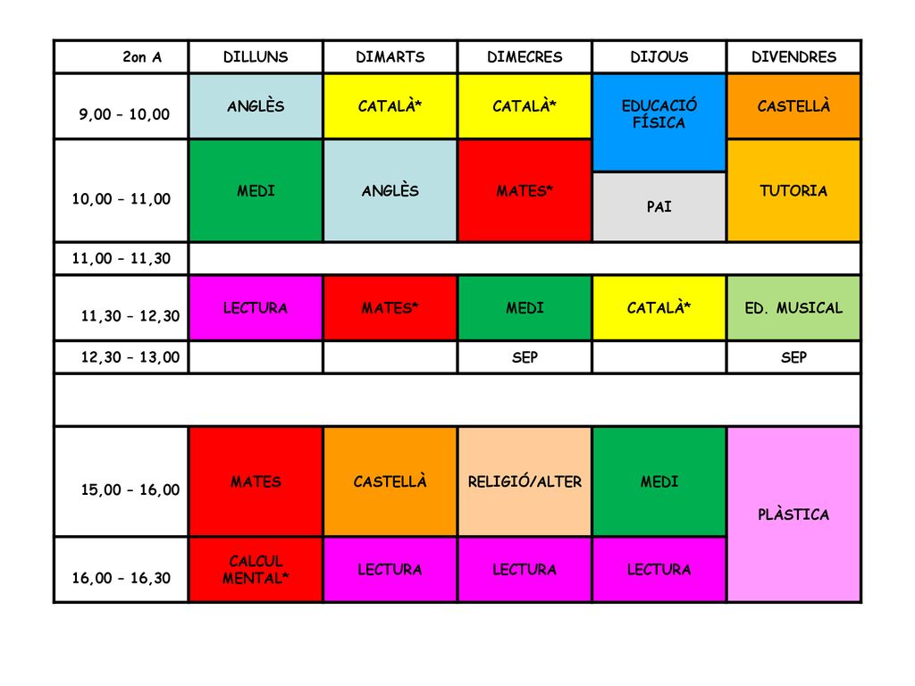 2on A DILLUNS. DIMARTS. DIMECRES. DIJOUS. DIVENDRES. 9,00 – 10,00. ANGLÈS. CATALÀ* EDUCACIÓ FÍSICA.