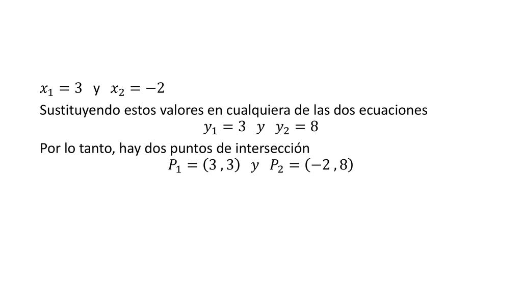 𝑥 1 =3 y 𝑥 2 =−2 Sustituyendo estos valores en cualquiera de las dos ecuaciones. 𝑦 1 =3 𝑦 𝑦 2 =8.