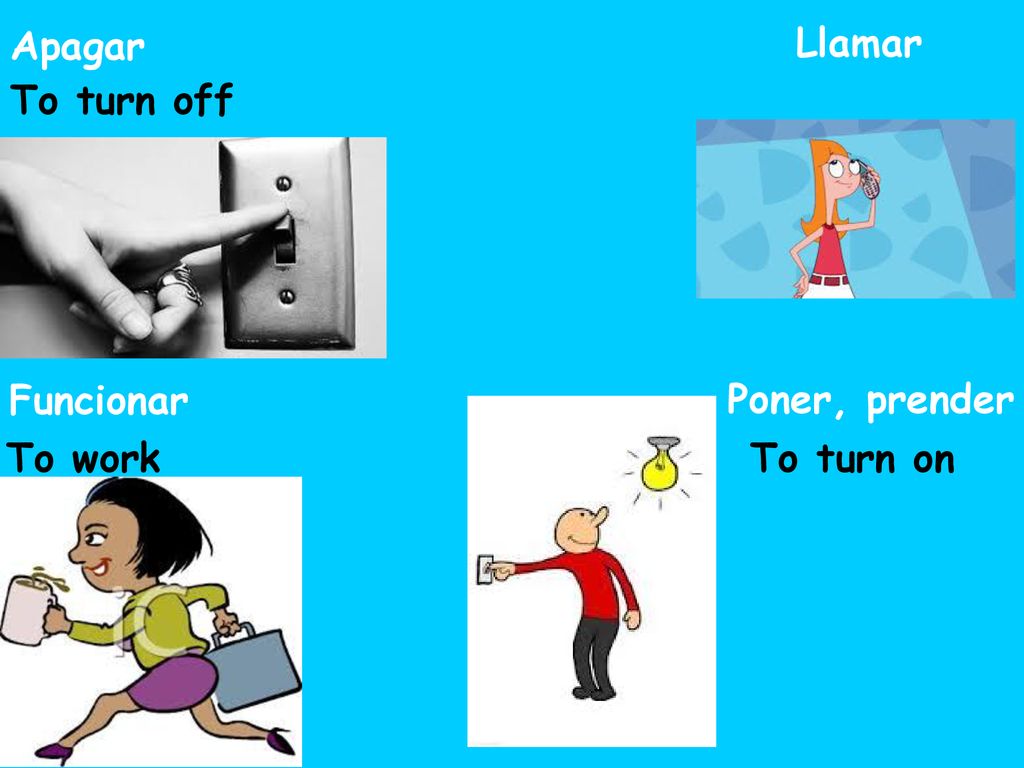 Apagar Llamar To turn off Funcionar Poner, prender To work To turn on