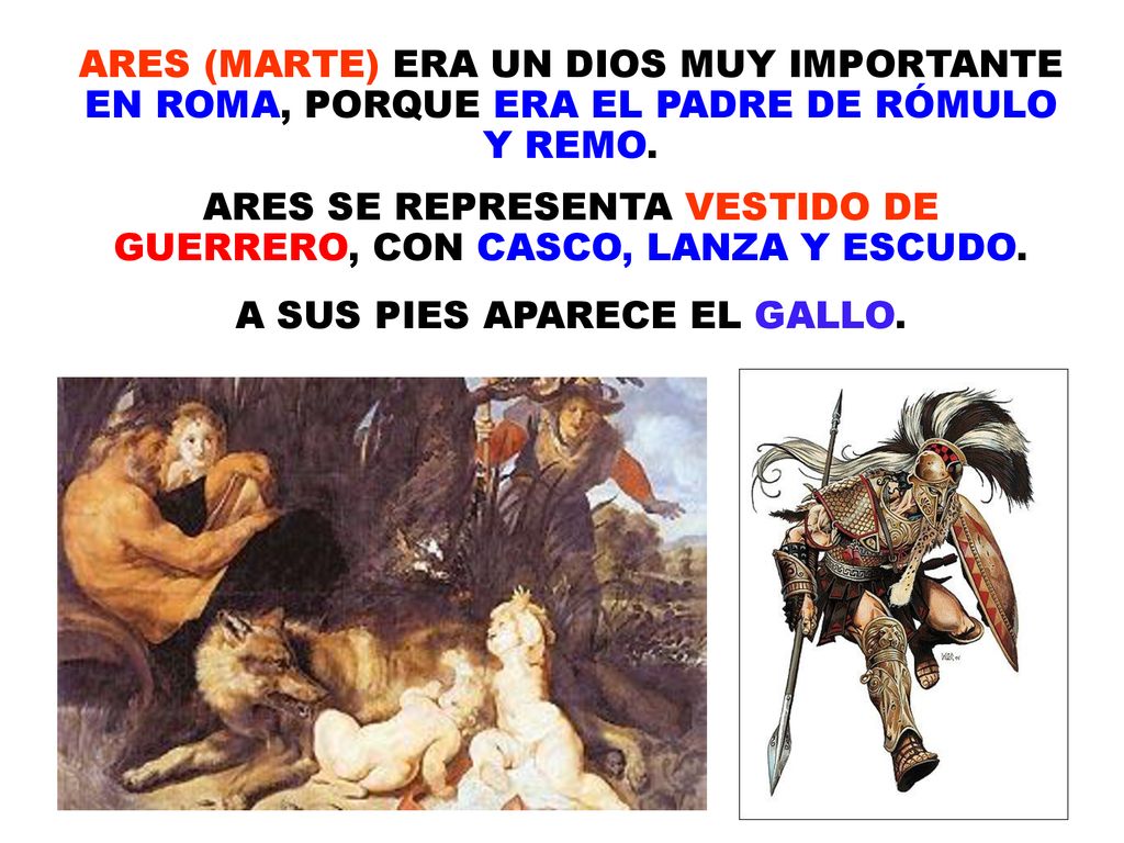 ARES SE REPRESENTA VESTIDO DE GUERRERO, CON CASCO, LANZA Y ESCUDO.