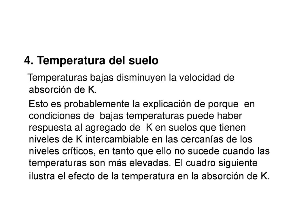 Temperaturas bajas disminuyen la velocidad de absorción de K.