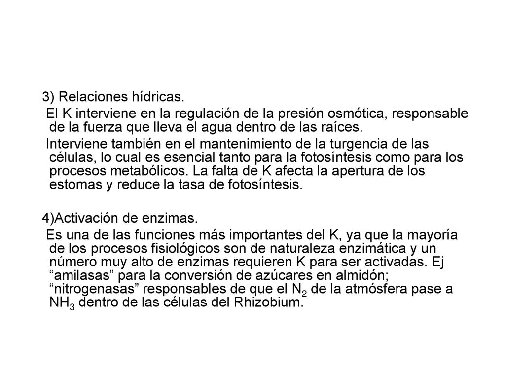3) Relaciones hídricas. El K interviene en la regulación de la presión osmótica, responsable de la fuerza que lleva el agua dentro de las raíces.