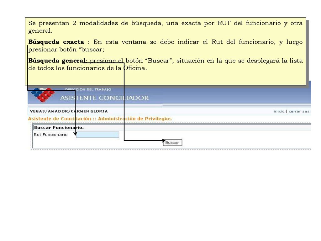 Se presentan 2 modalidades de búsqueda, una exacta por RUT del funcionario y otra general.