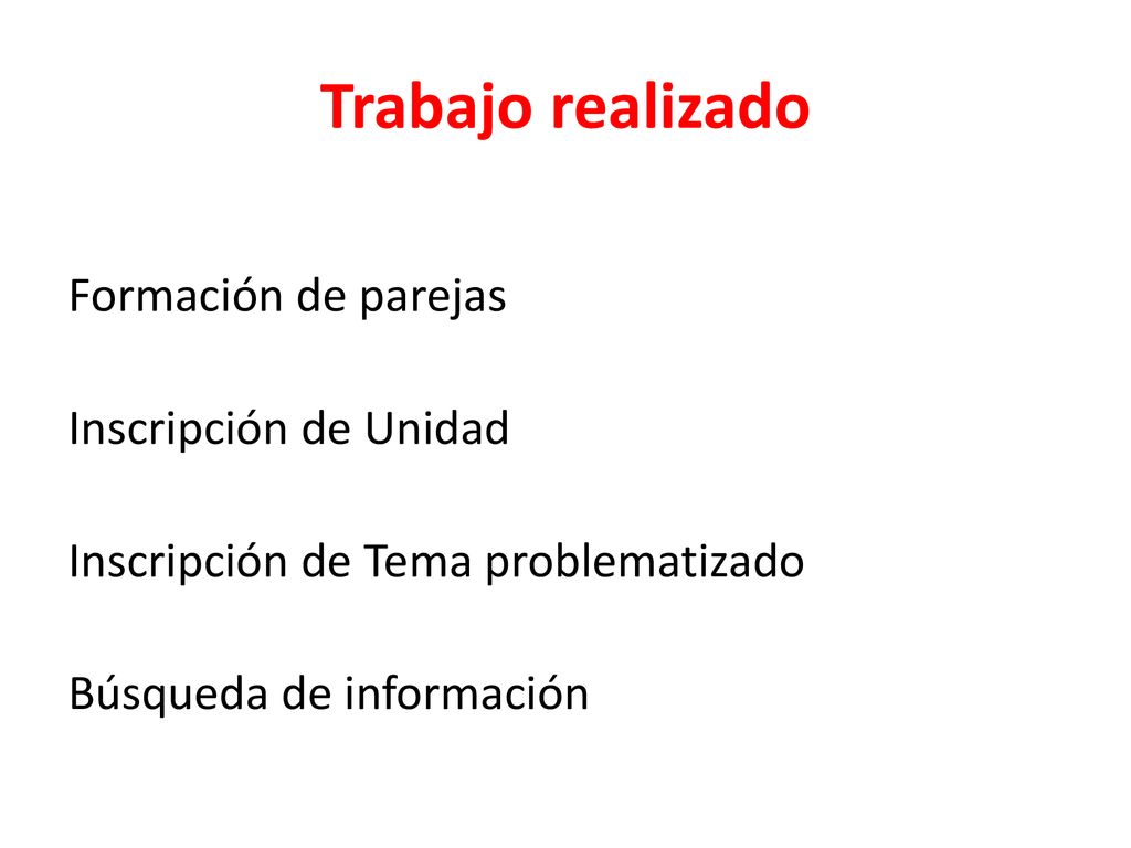 Trabajo realizado Formación de parejas Inscripción de Unidad Inscripción de Tema problematizado Búsqueda de información