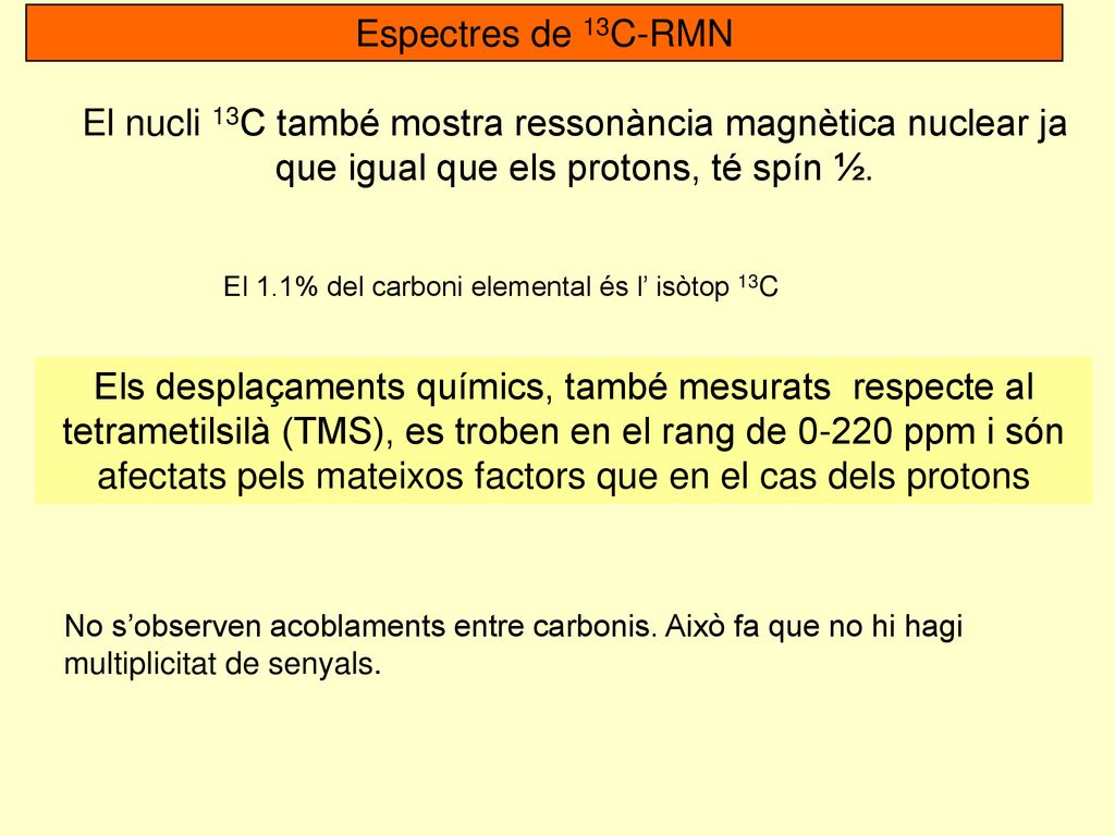 Espectres de 13C-RMN El nucli 13C també mostra ressonància magnètica nuclear ja que igual que els protons, té spín ½.