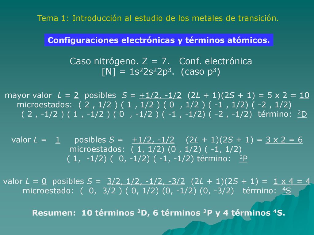 Caso nitrógeno. Z = 7. Conf. electrónica [N] = 1s22s22p3. (caso p3)