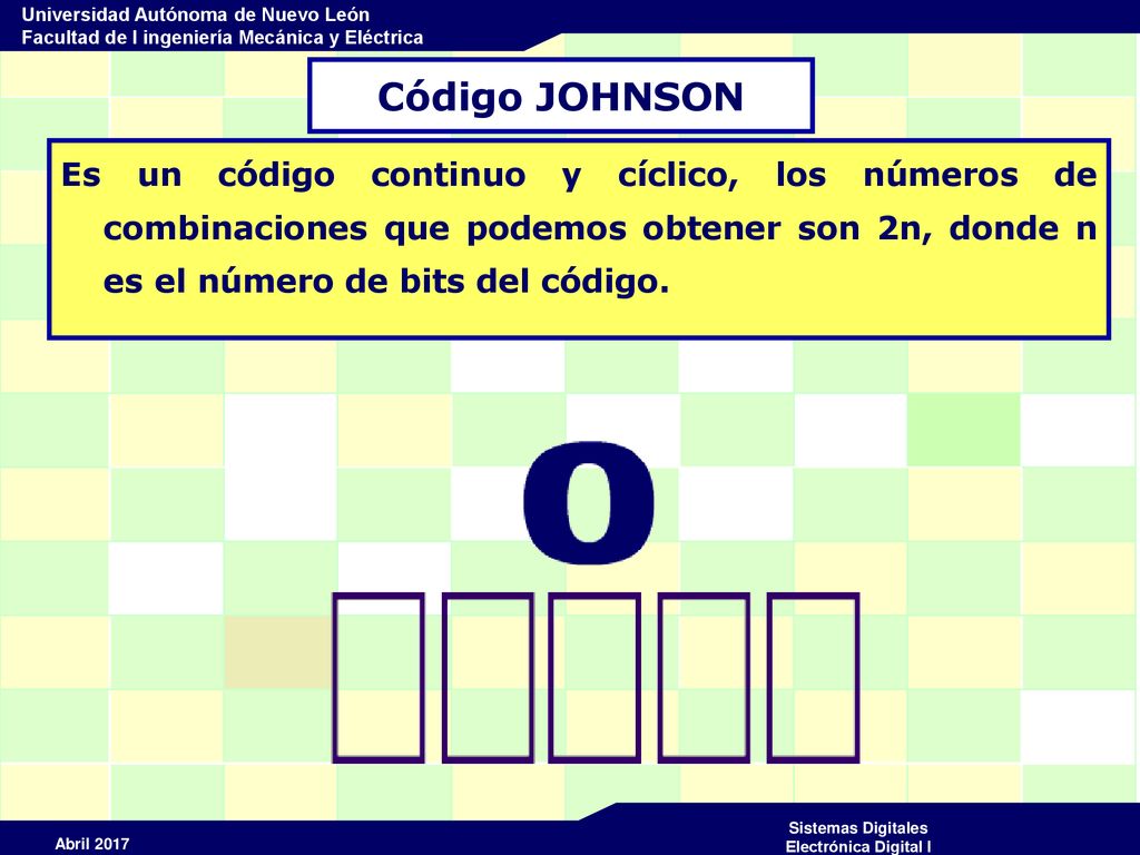 Código JOHNSON Es un código continuo y cíclico, los números de combinaciones que podemos obtener son 2n, donde n es el número de bits del código.