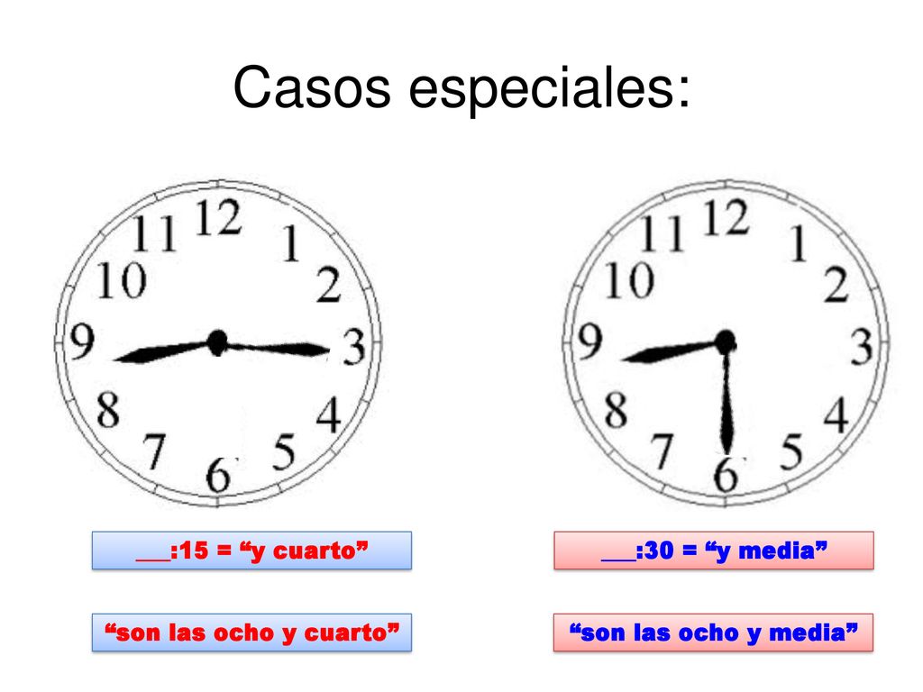 Casos especiales: ___:15 = y cuarto ___:30 = y media