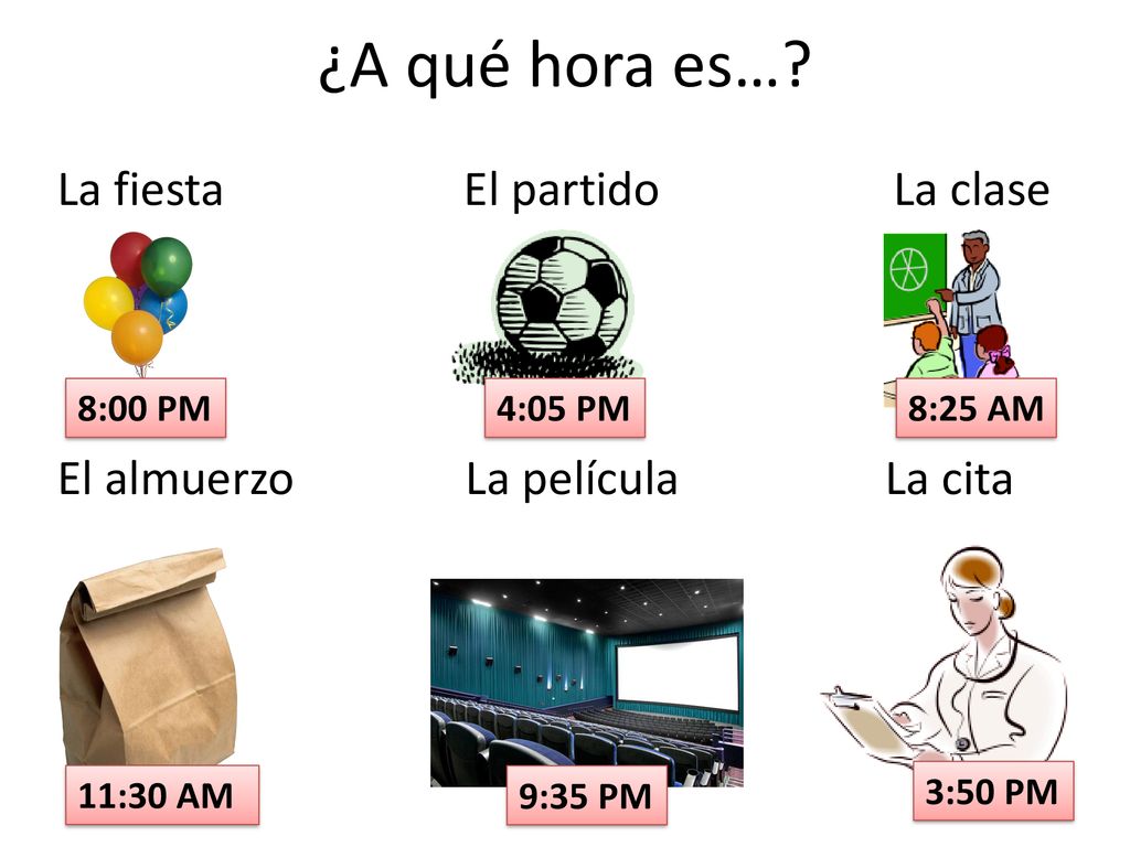 ¿A qué hora es… La fiesta El partido La clase El almuerzo La película La cita 8:00 PM. 4:05 PM.