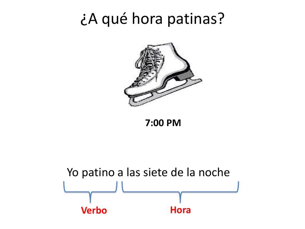 ¿A qué hora patinas Yo patino a las siete de la noche 7:00 PM Verbo