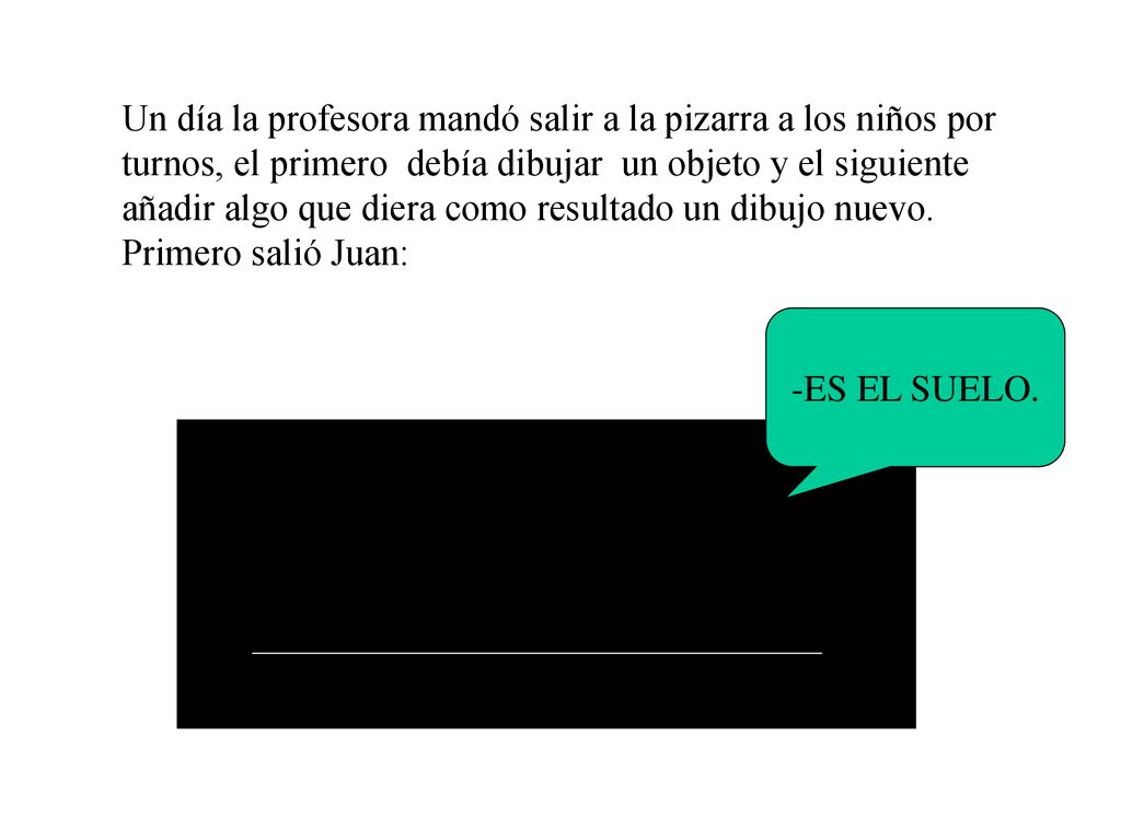 Un día la profesora mandó salir a la pizarra a los niños por turnos, el primero debía dibujar un objeto y el siguiente añadir algo que diera como resultado un dibujo nuevo.