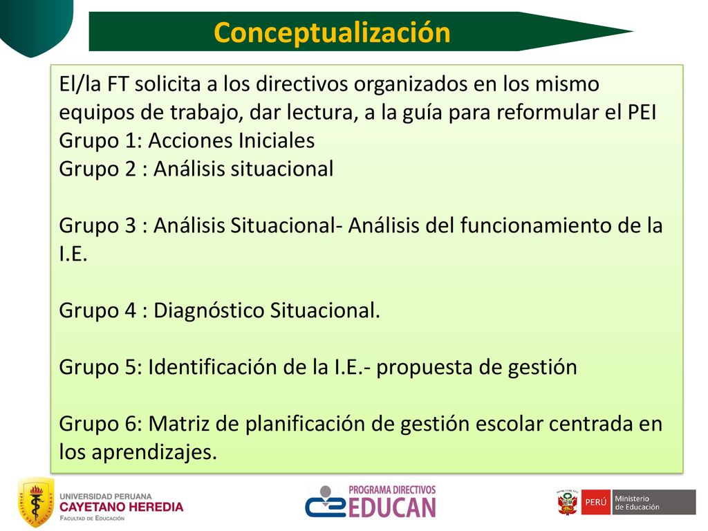 Conceptualización El/la FT solicita a los directivos organizados en los mismo equipos de trabajo, dar lectura, a la guía para reformular el PEI.