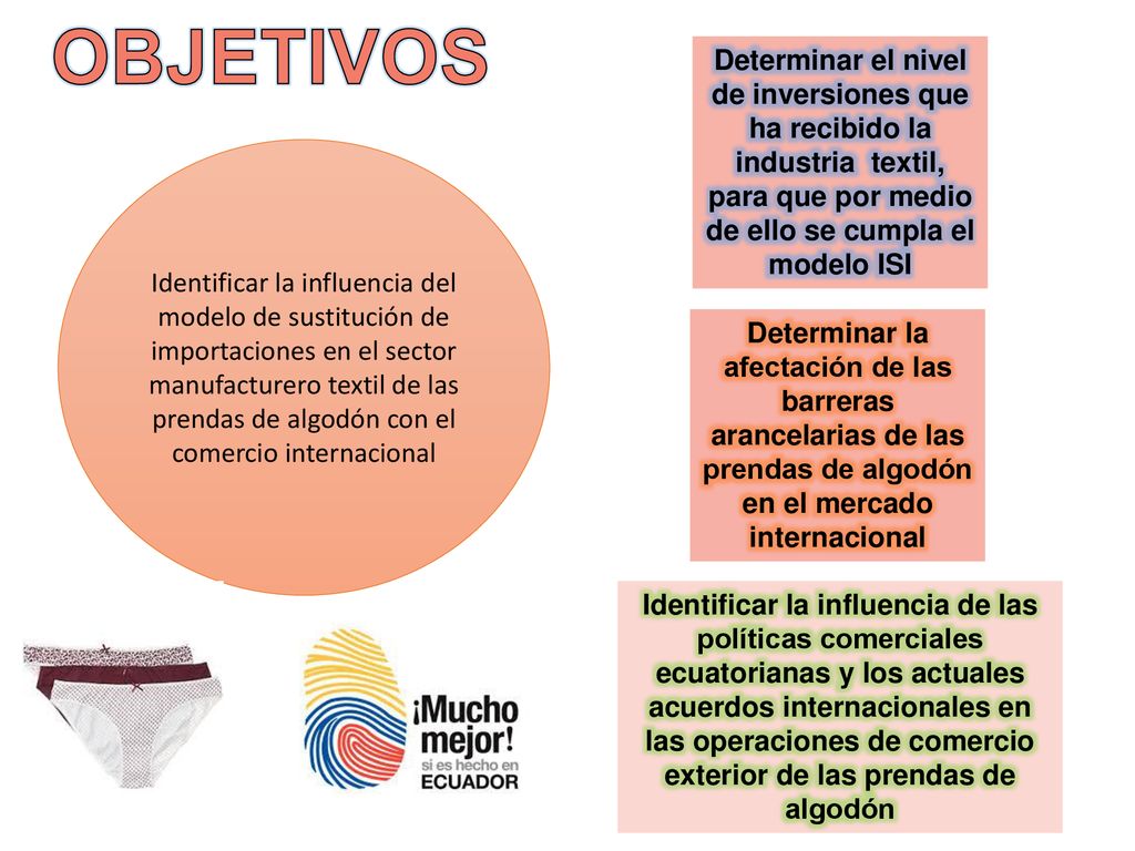 OBJETIVOS Determinar el nivel de inversiones que ha recibido la industria textil, para que por medio de ello se cumpla el modelo ISI.