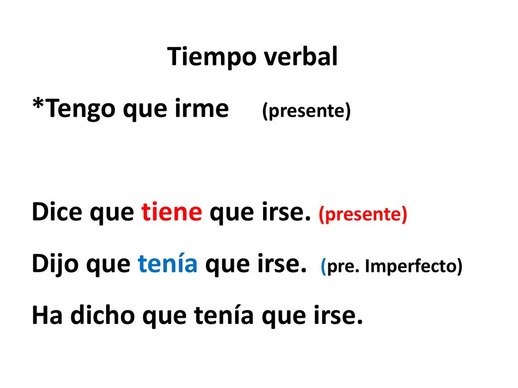 Tiempo verbal. Tengo que irme (presente) Dice que tiene que irse