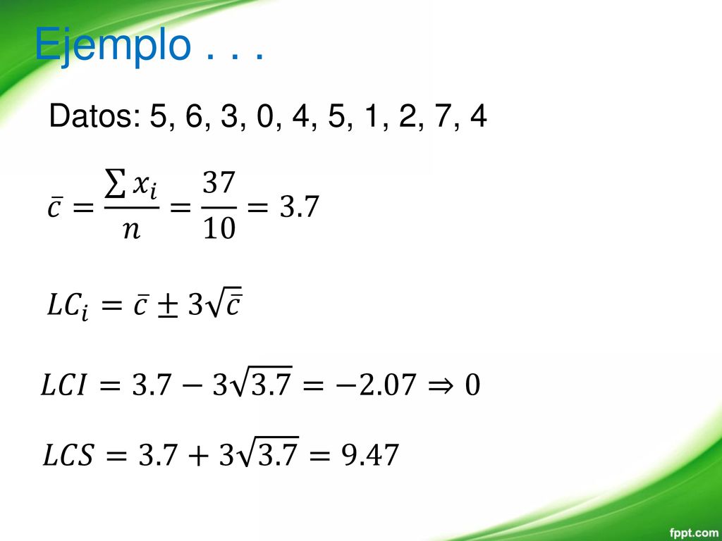 Ejemplo Datos: 5, 6, 3, 0, 4, 5, 1, 2, 7, 4. 𝑐 = 𝑥 𝑖 𝑛 = =3.7. 𝐿𝐶 𝑖 = 𝑐 ±3 𝑐.