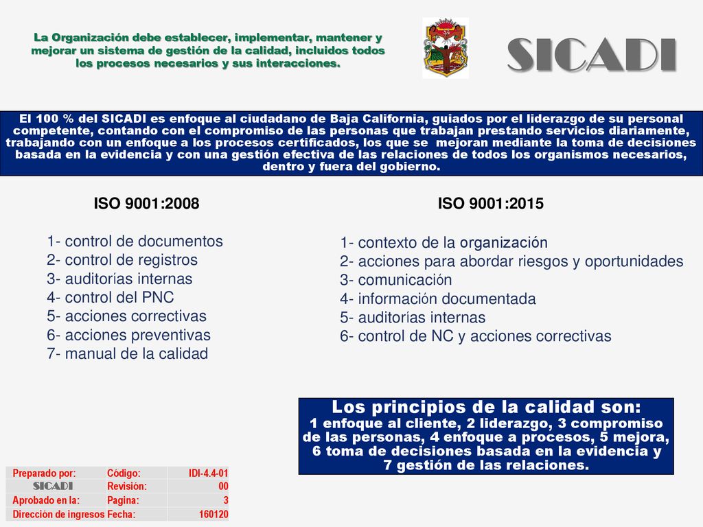 SICADI Los principios de la calidad son: ISO 9001:2008 ISO 9001:2015
