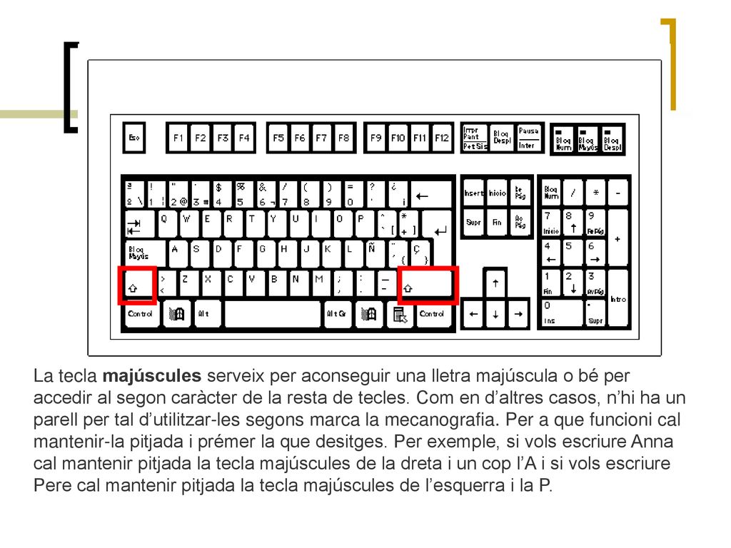 La tecla majúscules serveix per aconseguir una lletra majúscula o bé per accedir al segon caràcter de la resta de tecles.