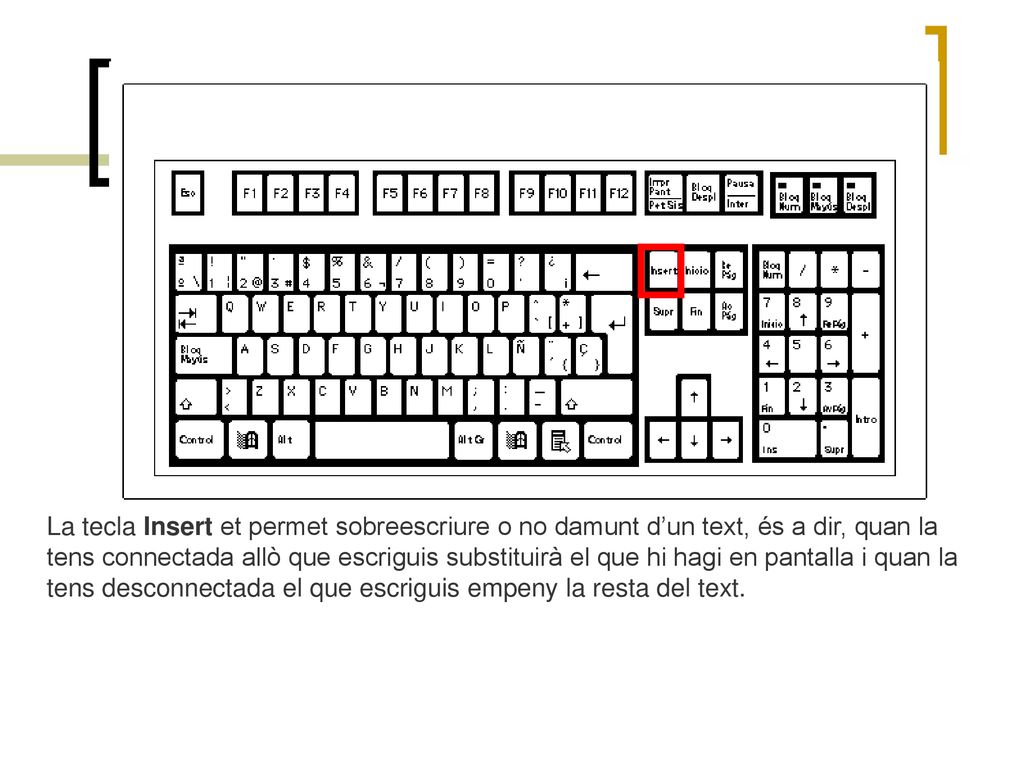 La tecla Insert et permet sobreescriure o no damunt d’un text, és a dir, quan la tens connectada allò que escriguis substituirà el que hi hagi en pantalla i quan la tens desconnectada el que escriguis empeny la resta del text.