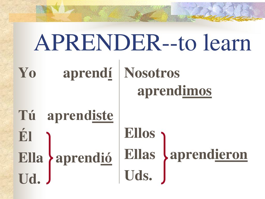 APRENDER--to learn Yo aprendí Tú aprendiste Él Ella aprendió Ud.