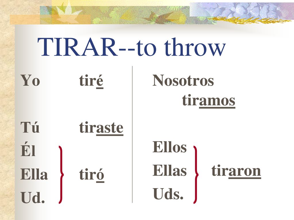 TIRAR--to throw Yo tiré Tú tiraste Él Ella tiró Ud. Nosotros tiramos