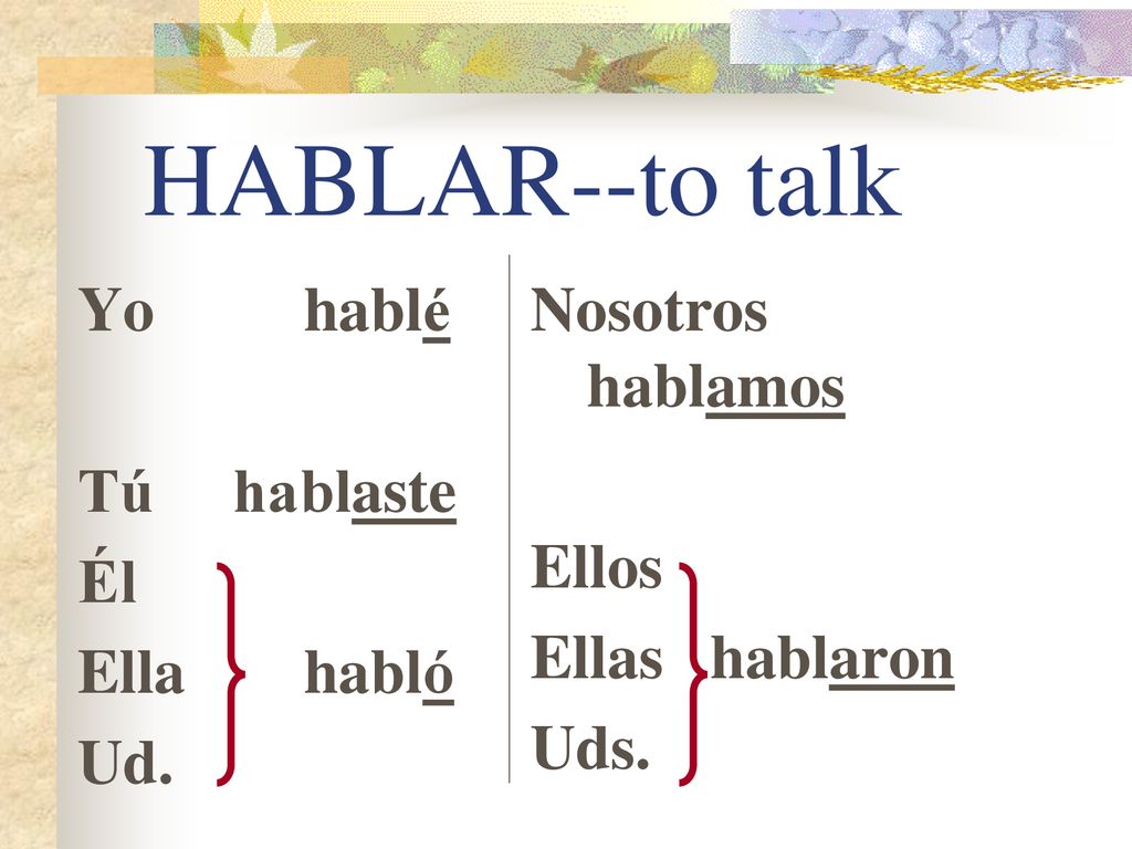 HABLAR--to talk Yo hablé Tú hablaste Él Ella habló Ud.