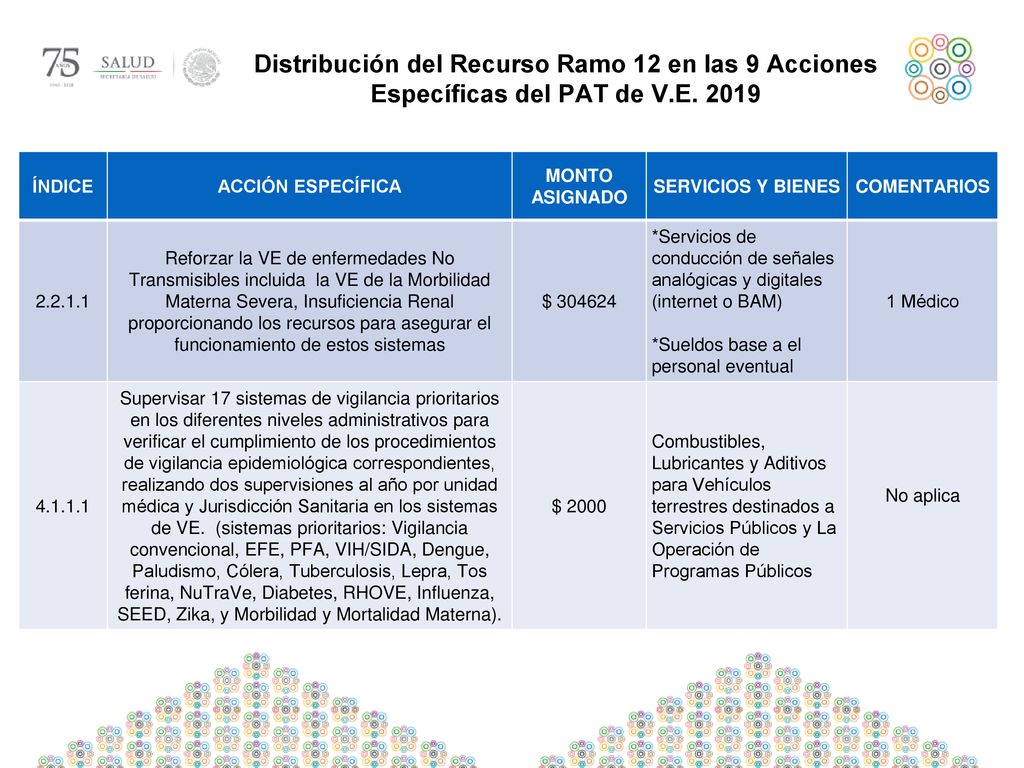 Distribución del Recurso Ramo 12 en las 9 Acciones Específicas del PAT de V.E. 2019