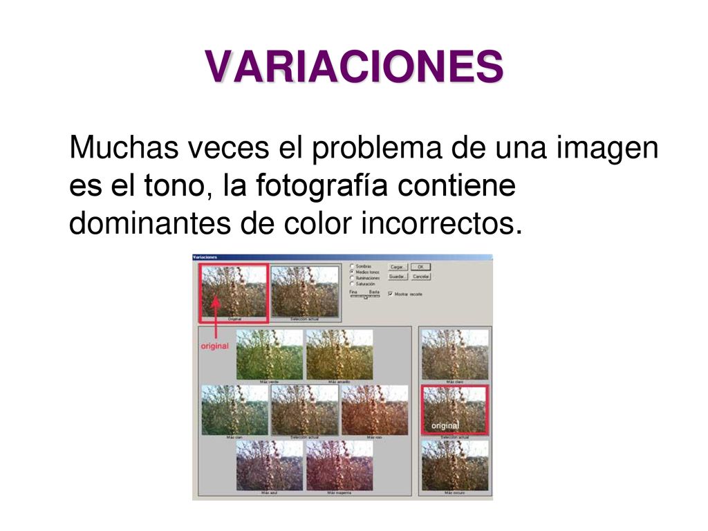 VARIACIONES Muchas veces el problema de una imagen es el tono, la fotografía contiene dominantes de color incorrectos.
