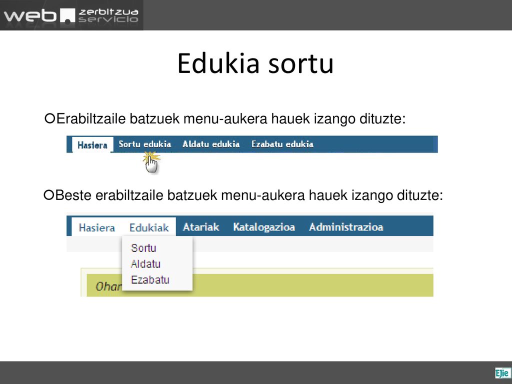 Edukia sortu Erabiltzaile batzuek menu-aukera hauek izango dituzte: