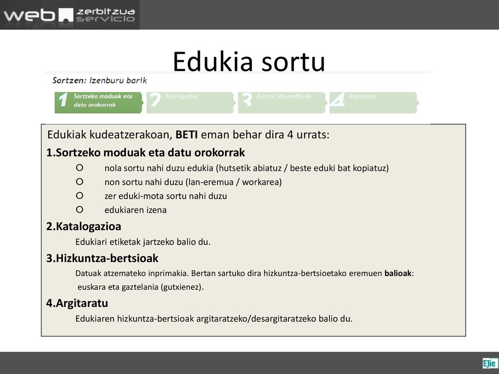 Edukia sortu Edukiak kudeatzerakoan, BETI eman behar dira 4 urrats: