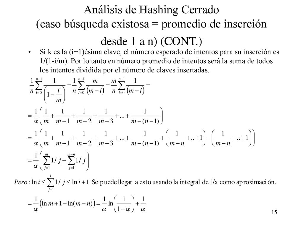 Análisis de Hashing Cerrado (caso búsqueda existosa = promedio de inserción desde 1 a n) (CONT.)