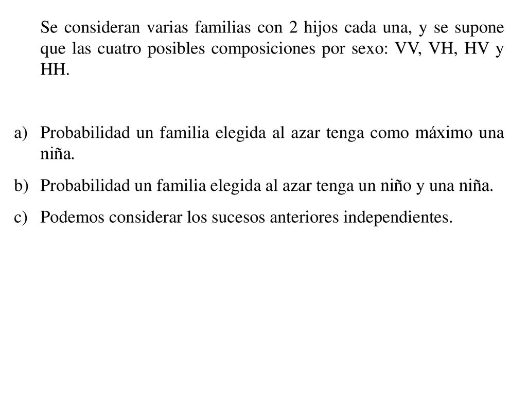 Se consideran varias familias con 2 hijos cada una, y se supone que las cuatro posibles composiciones por sexo: VV, VH, HV y HH.