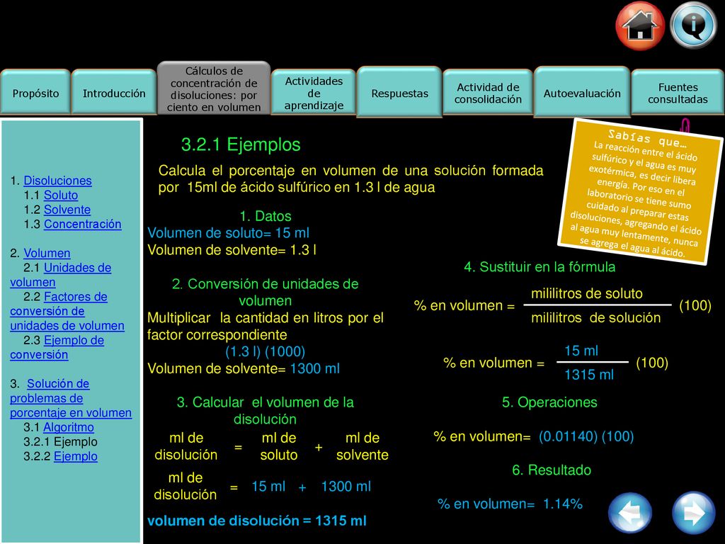 Cálculos de concentración de disoluciones: por ciento en volumen