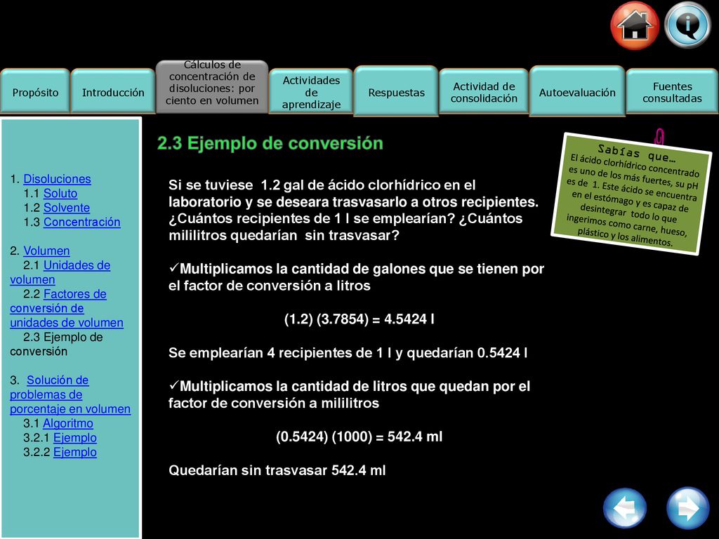 Cálculos de concentración de disoluciones: por ciento en volumen