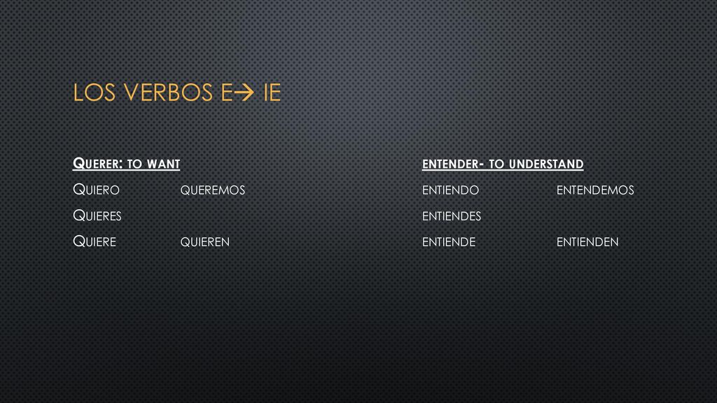 Los verbos e ie Querer: to want entender- to understand Quiero queremos entiendo entendemos Quieres entiendes Quiere quieren entiende entienden