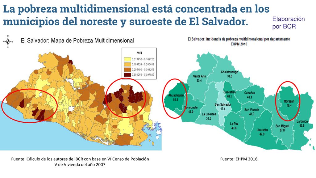 La pobreza multidimensional está concentrada en los municipios del noreste y suroeste de El Salvador.