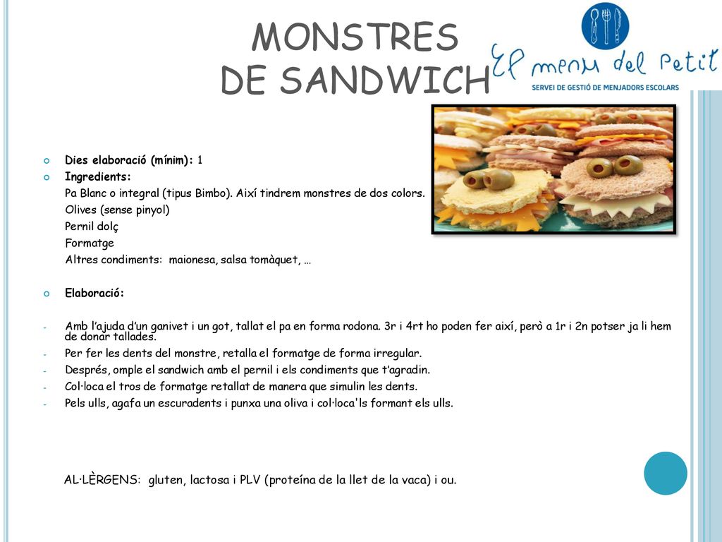 MONSTRES DE SANDWICH Dies elaboració (mínim): 1. Ingredients: Pa Blanc o integral (tipus Bimbo). Així tindrem monstres de dos colors.