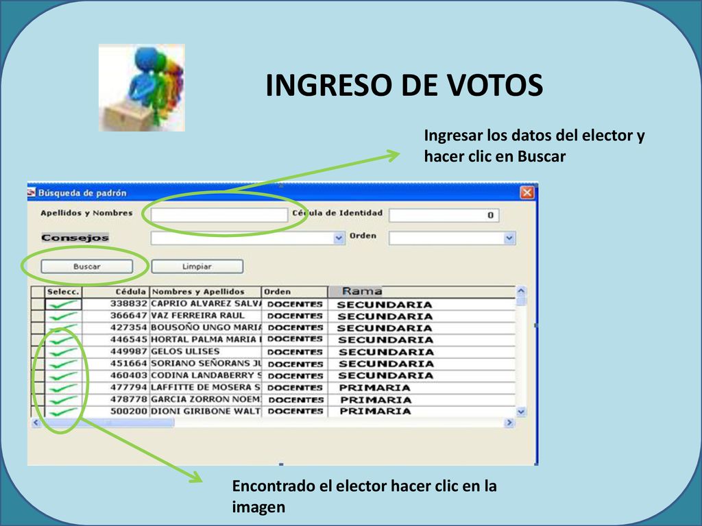 INGRESO DE VOTOS Ingresar los datos del elector y hacer clic en Buscar