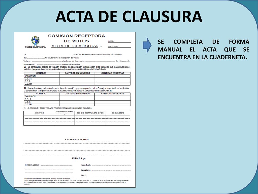 ACTA DE CLAUSURA SE COMPLETA DE FORMA MANUAL EL ACTA QUE SE ENCUENTRA EN LA CUADERNETA.