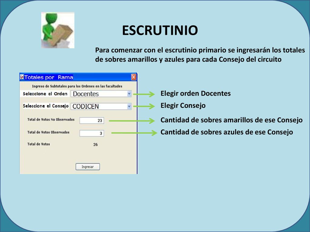 ESCRUTINIO Para comenzar con el escrutinio primario se ingresarán los totales de sobres amarillos y azules para cada Consejo del circuito.