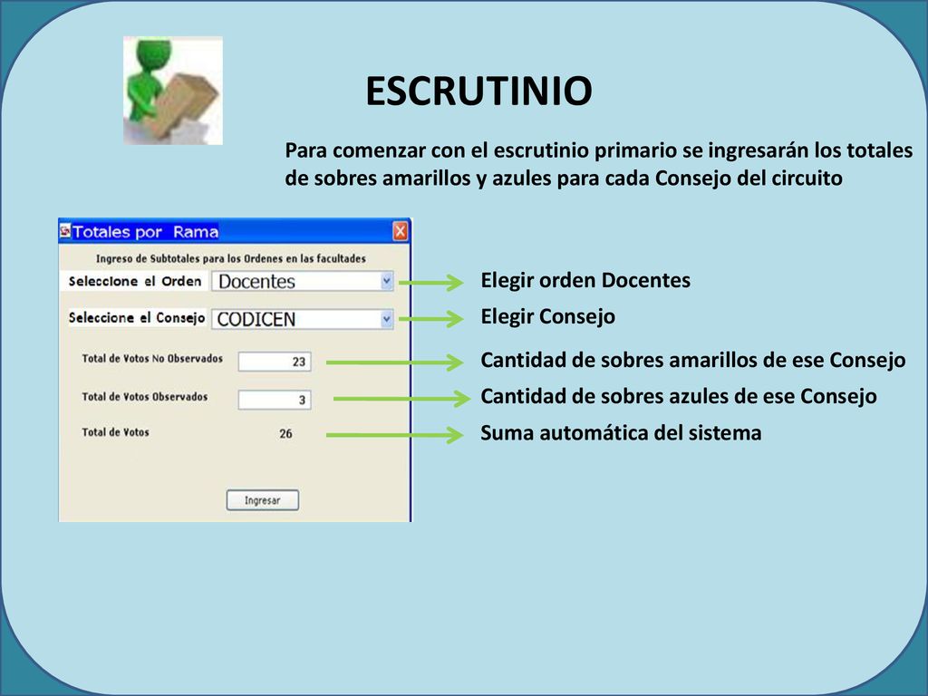 ESCRUTINIO Para comenzar con el escrutinio primario se ingresarán los totales de sobres amarillos y azules para cada Consejo del circuito.