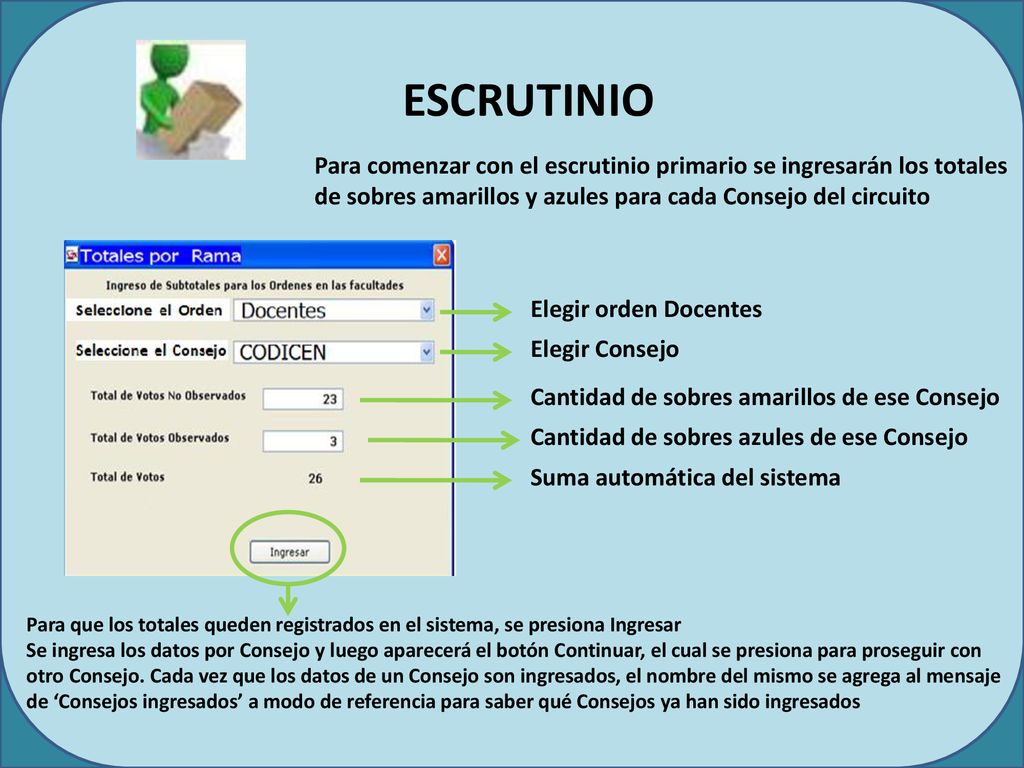 ESCRUTINIO Para comenzar con el escrutinio primario se ingresarán los totales de sobres amarillos y azules para cada Consejo del circuito.