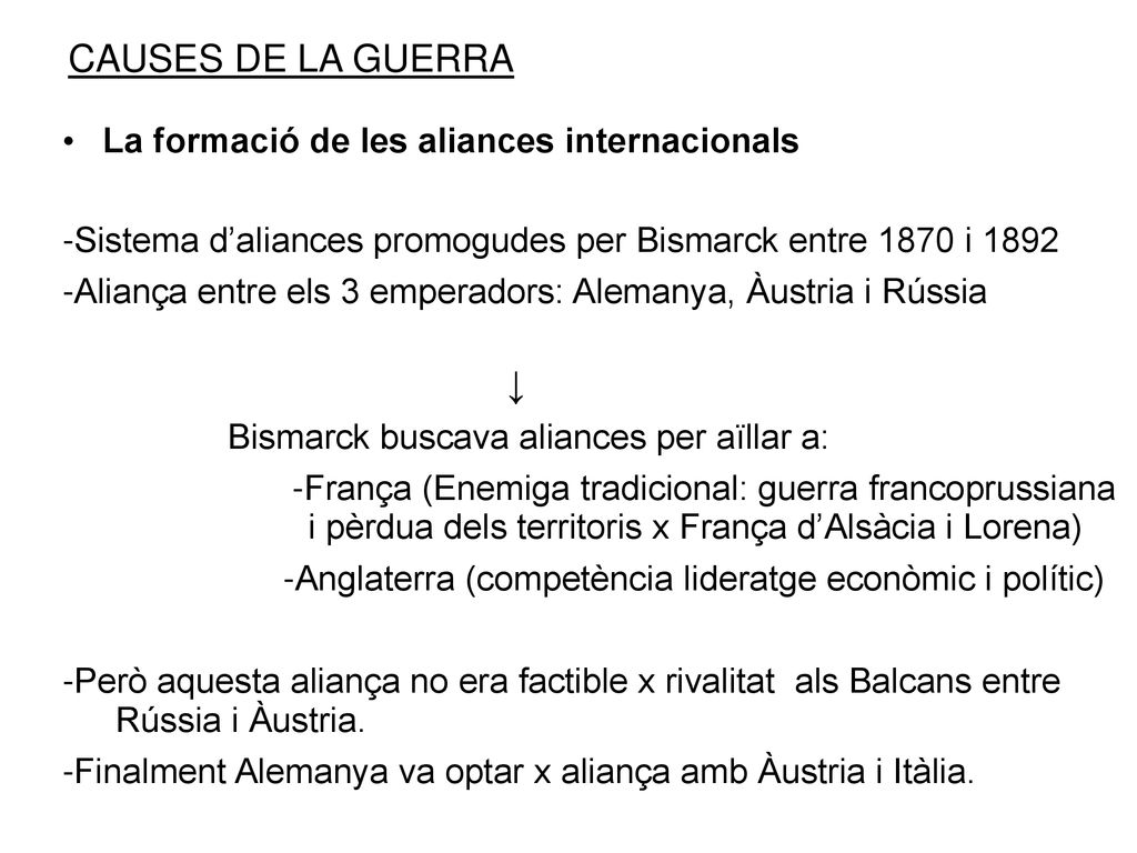 CAUSES DE LA GUERRA La formació de les aliances internacionals