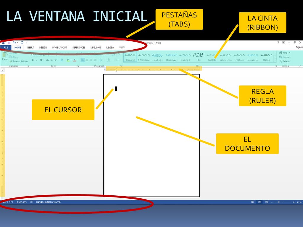 LA VENTANA INICIAL PESTAÑAS (TABS) LA CINTA (RIBBON) REGLA (RULER)